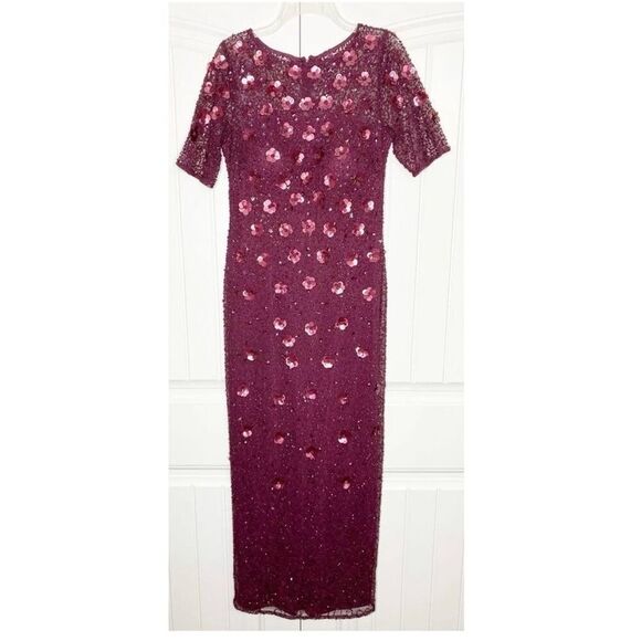Adrianna Papell Sz 6 Floral 3D Sequin Ball Gown Maroon Sparkle High Slit Formal - Picture 5 of 16